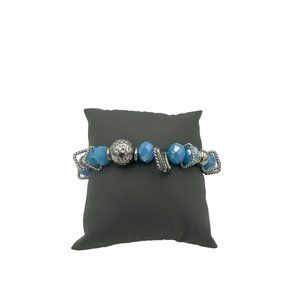 Beveled Blue and Silver Beaded Stretch Bracelet with Braided Silver Accents